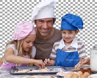 تصویر با کیفیت آشپزی مرد با فرزندان